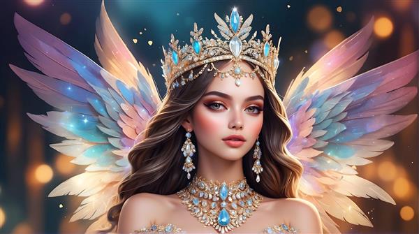 پری با موهای تیره و بال‌های رنگارنگ و تاج و جواهرات آبی