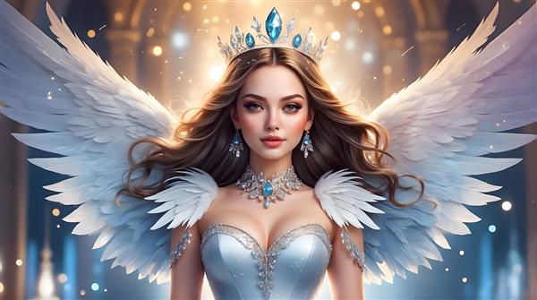 فرشته مو بلند با بال‌های سفید و تاج آبی درخشان و لباس نقره‌ای