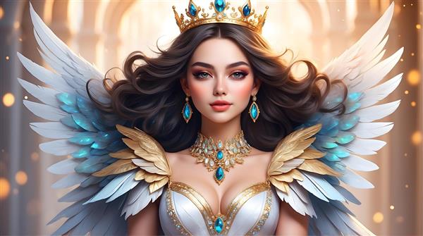 پری با موهای قهوه‌ای تیره، بال‌های طلایی و آبی و لباس سفید