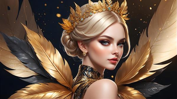 پری بلوند با بال‌های طلایی و سیاه و لباس درخشان