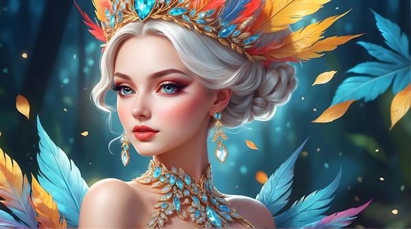 پری بلوند با تاج پرهای رنگارنگ و جواهرات فیروزه‌ای در جنگل