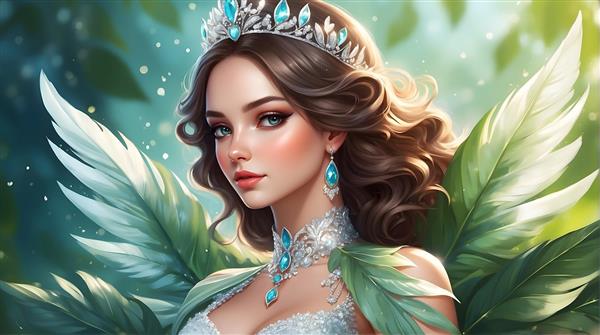 پری مو قهوه‌ای با بال‌های سبز و تاج و جواهرات آبی