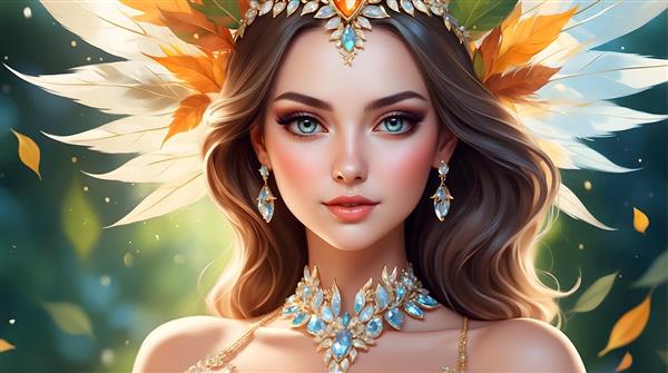 پری با موهای قهوه‌ای، تاج پردار و گردنبند جواهر در نور آفتاب