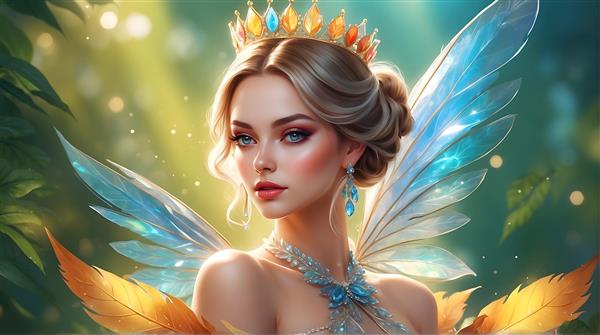 پری بلوند با بال‌های شیشه‌ای و تاج و جواهرات درخشان در جنگل