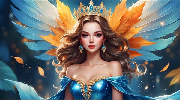 پری با موهای قهوه‌ای، لباس آبی و بال‌های آبی و نارنجی