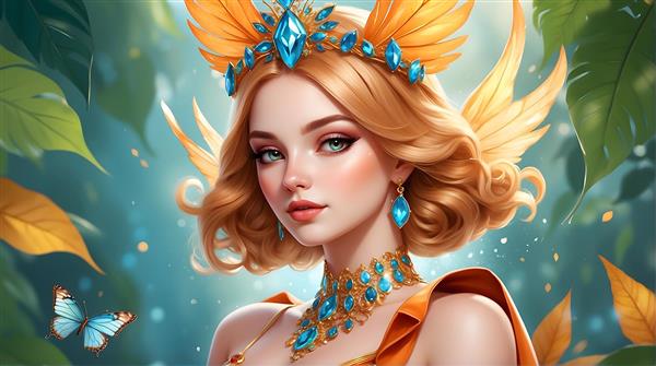 پری جنگلی با موهای طلایی، تاج و جواهرات آبی و بال‌های نارنجی