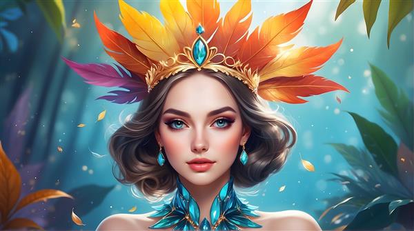 فرشته با تاج پرهای رنگارنگ و جواهرات آبی در جنگل فانتزی