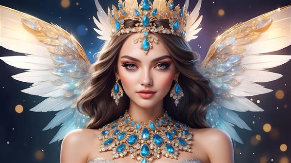 فرشته با موهای قهوه‌ای و بال‌های درخشان و گردنبند و تاج آبی فیروزه‌ای