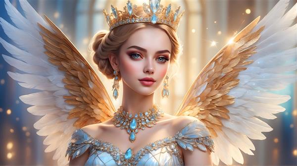 فرشته بلوند با بال‌های طلایی و لباس سفید درخشان و تاج جواهرنشان