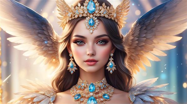 فرشته با موهای قهوه‌ای و بال‌های طلایی درخشان و تاج آبی