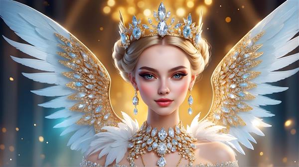 فرشته بلوند با بال‌های طلایی درخشان و تاج و جواهرات کریستالی