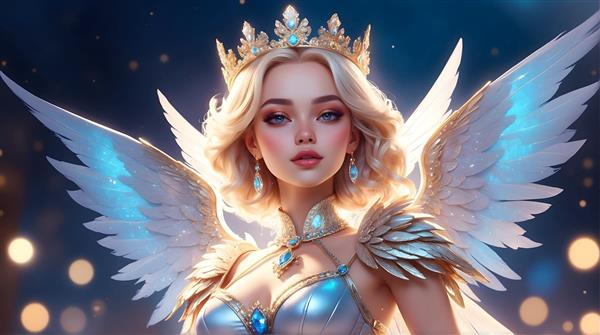 فرشته بلوند با بال‌های درخشان آبی و تاج طلایی و آبی
