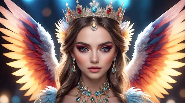 فرشته با موهای قهوه‌ای روشن و بال‌های نارنجی آبی درخشان