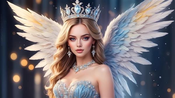 فرشته بلوند با بال‌های یخی و تاج کریستالی درخشان