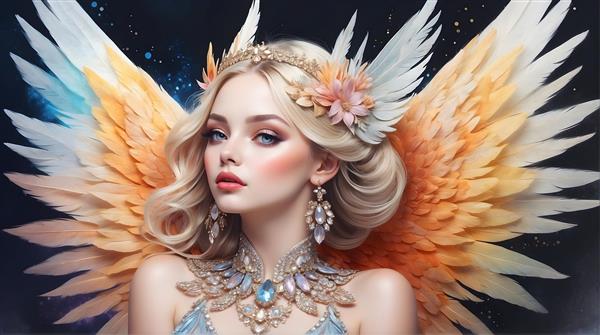 فرشته بلوند با بال‌های نارنجی و آبی و تاج زرین