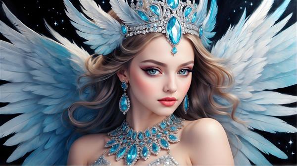 فرشته بلوند با بال‌های آبی روشن و تاج کریستالی آبی روی پس‌زمینه تیره