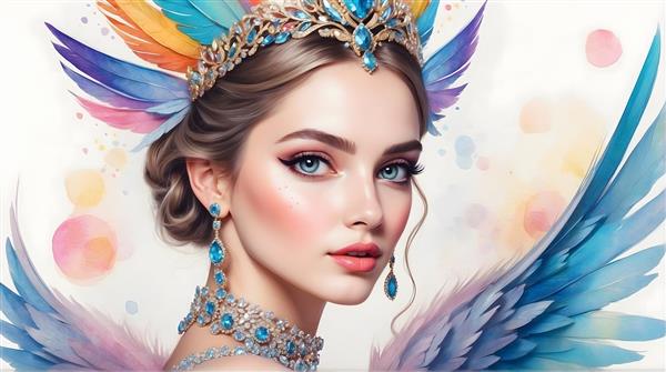 فرشته مو کوتاه قهوه‌ای با بال‌های آبی و صورتی و جواهرات درخشان