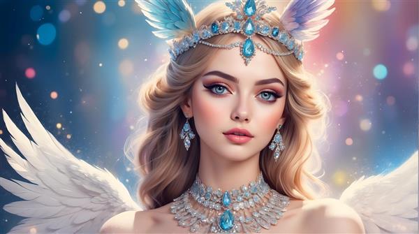 فرشته بلوند با چشمان آبی و بال‌های سفید و تاج فانتزی آبی