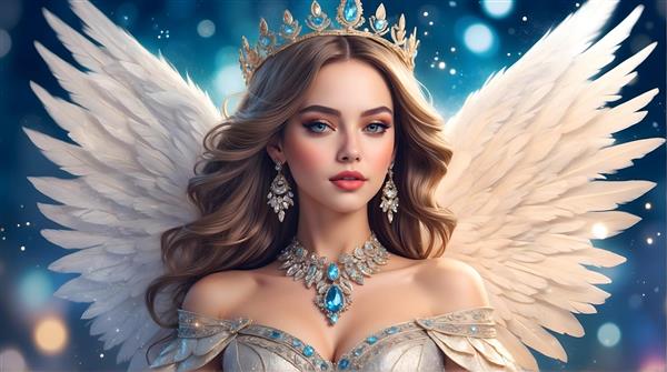 فرشته با موهای قهوه‌ای و بال‌های سفید و جواهرات آبی در پس‌زمینه بوکه