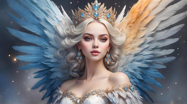 فرشته بلوند با بال‌های آبی و طلایی و تاج جواهرنشان