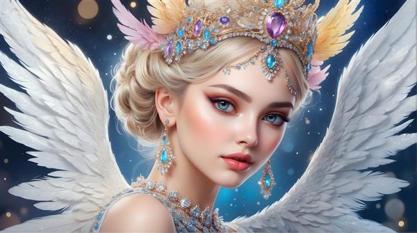 فرشته با چشمان آبی و بال‌های پر و تاج مجلل پر از جواهر