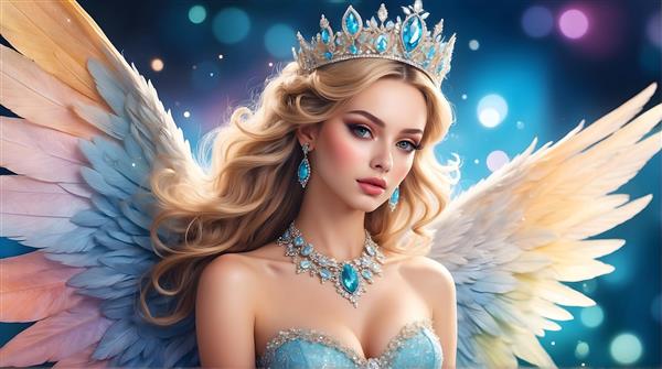 فرشته بلوند با بال‌های آبی و طلایی و جواهرات درخشان