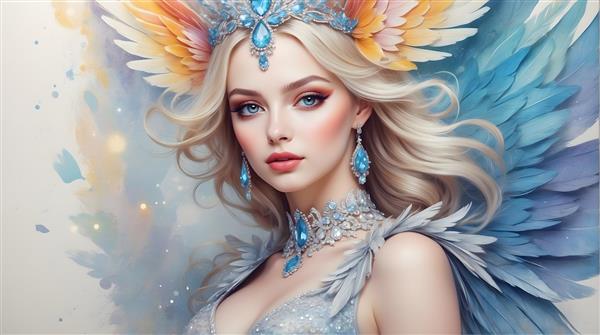فرشته بلوند با بال‌های رنگی و جواهرات آبی و گوشواره‌های بلند