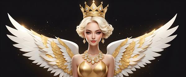 فرشته بلوند با لباس طلایی و بال‌های پر در پس‌زمینه مشکی درخشان