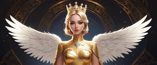 فرشته بلوند با لباس طلایی و بال‌های سفید در دکوراسیون کلاسیک