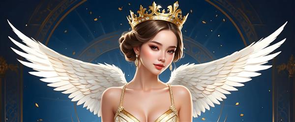فرشته با موهای قهوه‌ای و لباس طلایی در پس‌زمینه آبی روشن