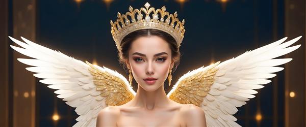 فرشته با موهای تیره، تاج طلایی و بال‌های طلایی سفید در محیطی درخشان