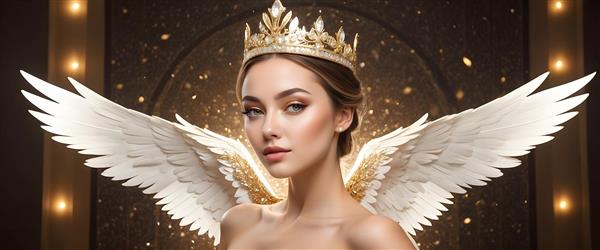 فرشته با موهای تیره و بال‌های سفید و طلایی در محیطی با نورپردازی
