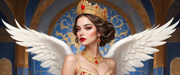 فرشته با لباس طلایی و بال‌های سفید در معماری سنتی آبی