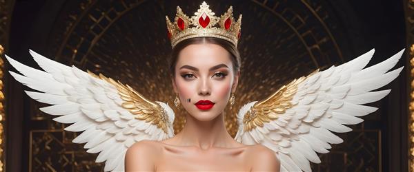 فرشته با لبخند و بال‌های سفید طلایی و تاج باشکوه