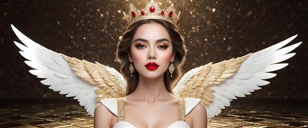 فرشته با موهای قهوه‌ای و لباس سفید در پس‌زمینه طلایی براق