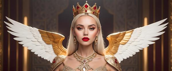 فرشته بلوند با لباس و بال‌های طلایی سفید و جواهرات سلطنتی