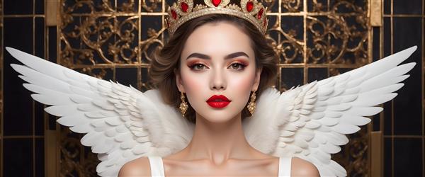 فرشته با موهای تیره و لباس سفید در پس‌زمینه طلایی با تزئینات