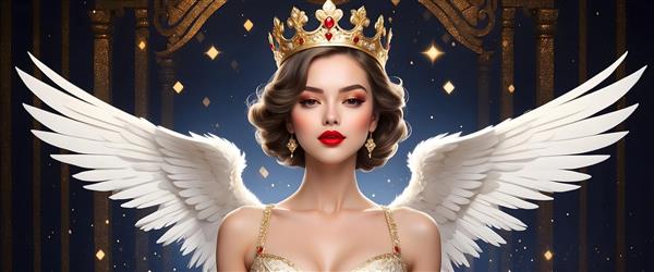 فرشته با موهای قهوه‌ای، تاج طلایی و لباس طلایی در پس‌زمینه ستاره‌دار