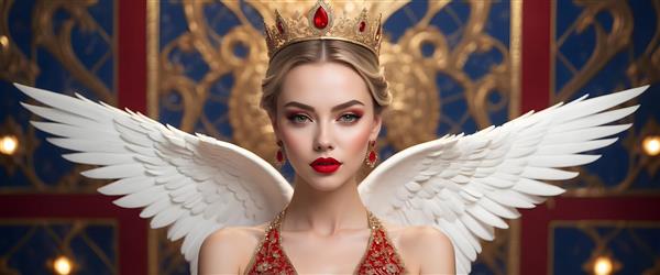 فرشته با لباس قرمز و طلایی در میان تزئینات آبی و سنتی