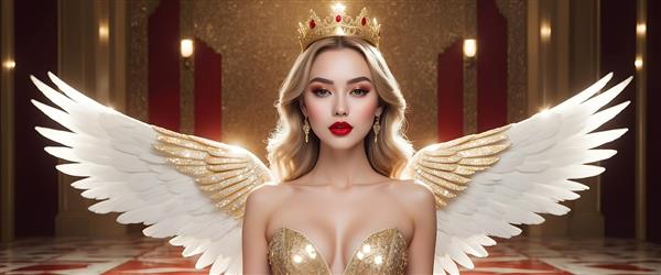 فرشته طلایی با بال‌های پر و تاج مجلل در راهروی باشکوه