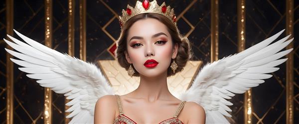 فرشته با موهای تیره و بال‌های سفید و پس‌زمینه مرموز طلایی
