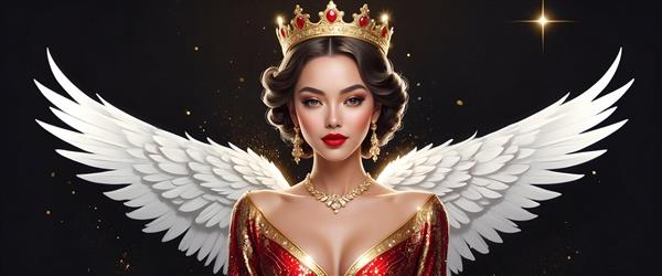 فرشته با موهای تیره و لباس قرمز سلطنتی و بال‌های باشکوه