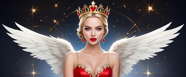 فرشته بلوند با تاج طلایی و لباس قرمز در پس‌زمینه پرستاره