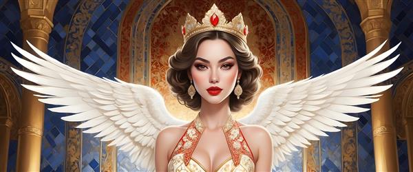 فرشته با موهای تیره و بال‌های سفید در لباس طلایی و سفید، تصویرسازی اساطیری