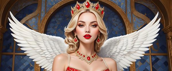 فرشته بالدار با تاج زرین و جواهرات قرمز، تصویرسازی پری رویایی