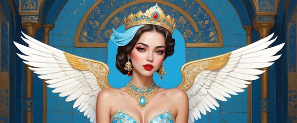فرشته با تاج آبی و طلایی و لباس آبی روشن در فضای معماری اسلامی