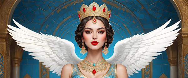 فرشته تاج‌دار با گردنبند زمرد و لباس آبی در پس‌زمینه کاشی‌کاری