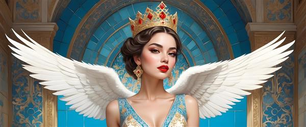 فرشته زیبا با بال‌های سفید و لباس آبی و طلایی در دکوراسیون کلاسیک
