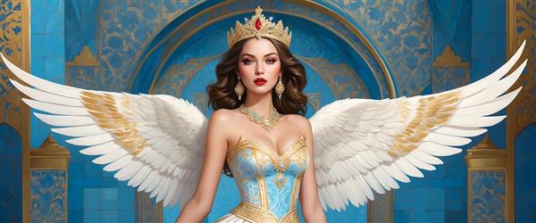 فرشته تاج‌دار با بال‌های طلایی و لباس آبی سلطنتی