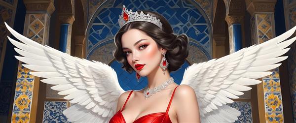فرشته‌ای با لباس قرمز ابریشمی و تاج سلطنتی در محیطی کلاسیک